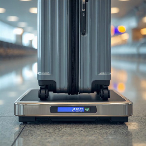 Suitcase standing on a scale showing a weight of 28 kilogramm