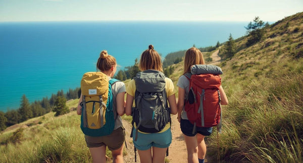 Three girls with backpacks walking along a path on the dunes with a view over the sea
