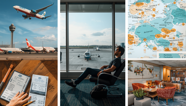 Collage of airport-related pictures, such as a world map, a waiting lounge, tickets and an airplane taking off