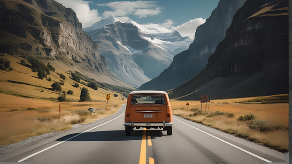 Van driving in the middle of a road through the mountains
