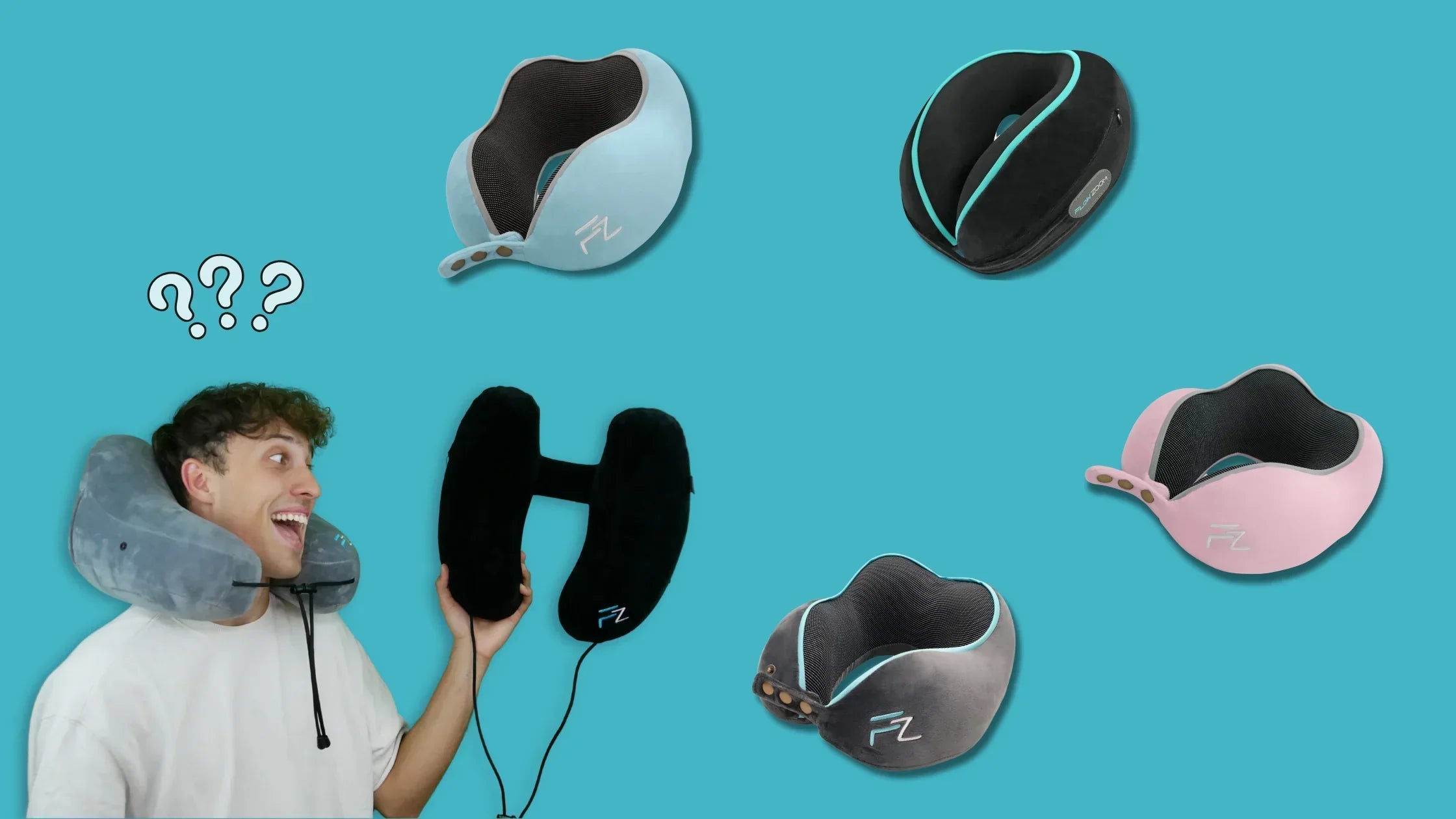 A man with questionmarks above his head holding two flowzoom pillows and looking at four more around him