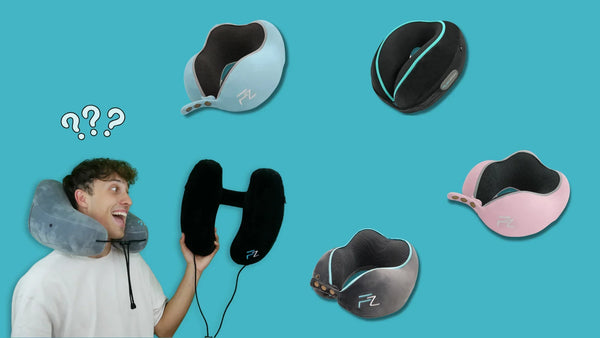 A man with questionmarks above his head holding two flowzoom pillows and looking at four more around him