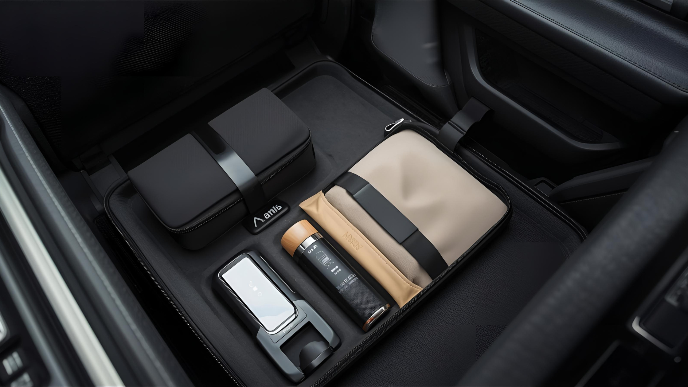 A half-open suitcase in a car that is packed very neatly