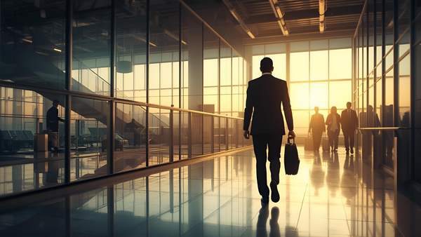 Man walking through a sunsoaked airport gateway with a briefcase