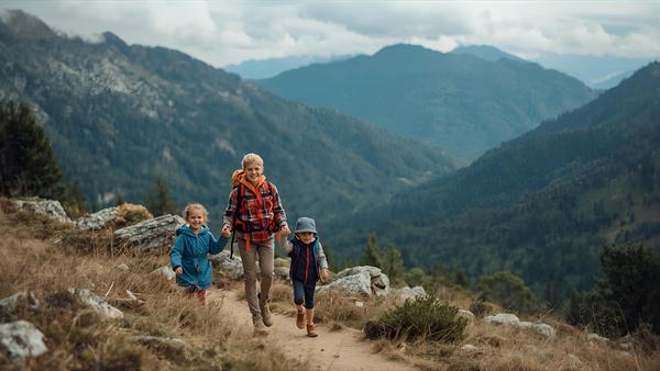 A woman walking along a hiking path in the mountains holding two children by the hand
