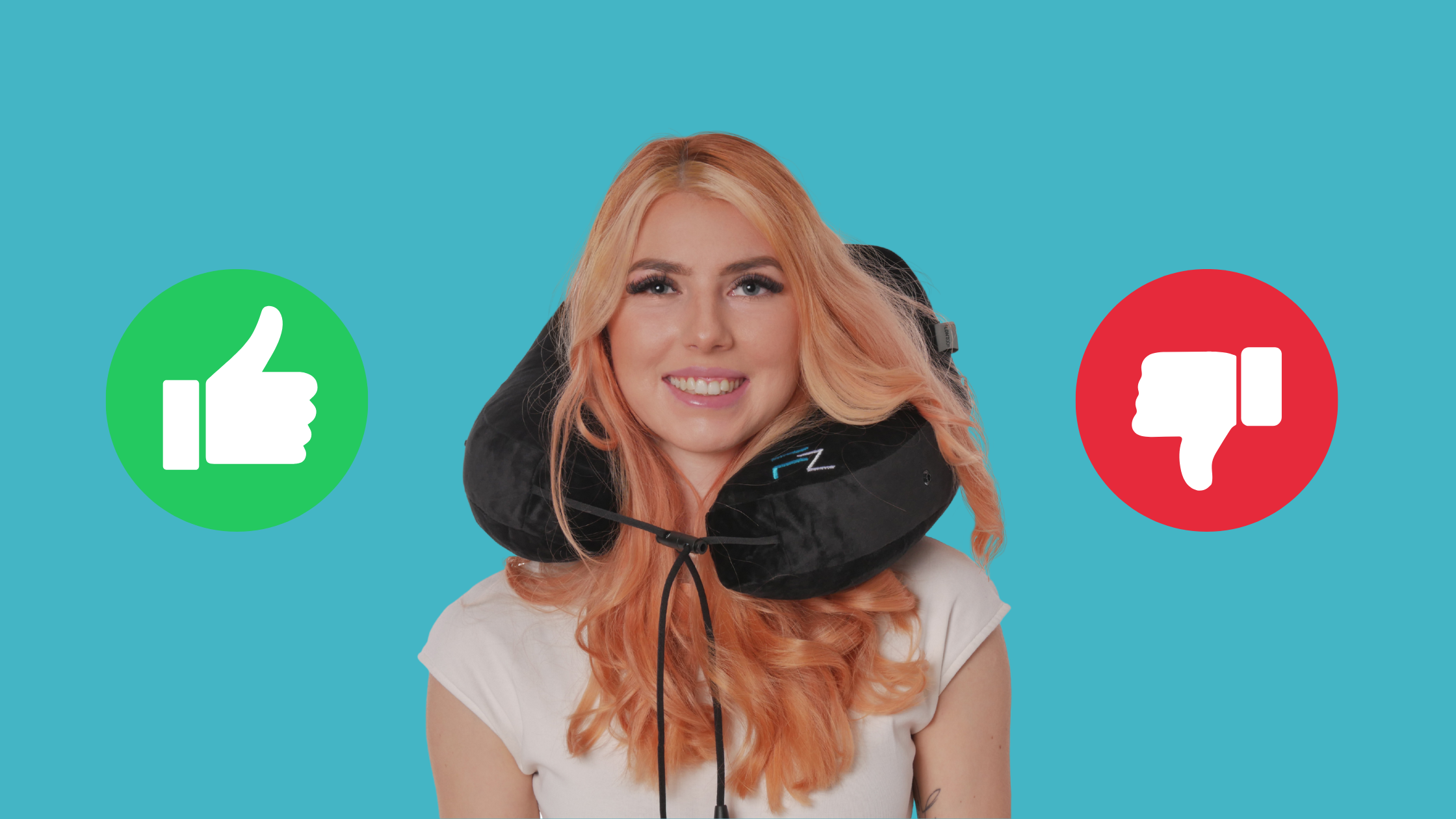A woman wearing a FLOWZOOM neck pillow with a thumbs up and a thumbs down on either side of her